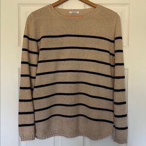 Delfina 100% Cashmere Oatmeal Heather and Navy Striped Sweater